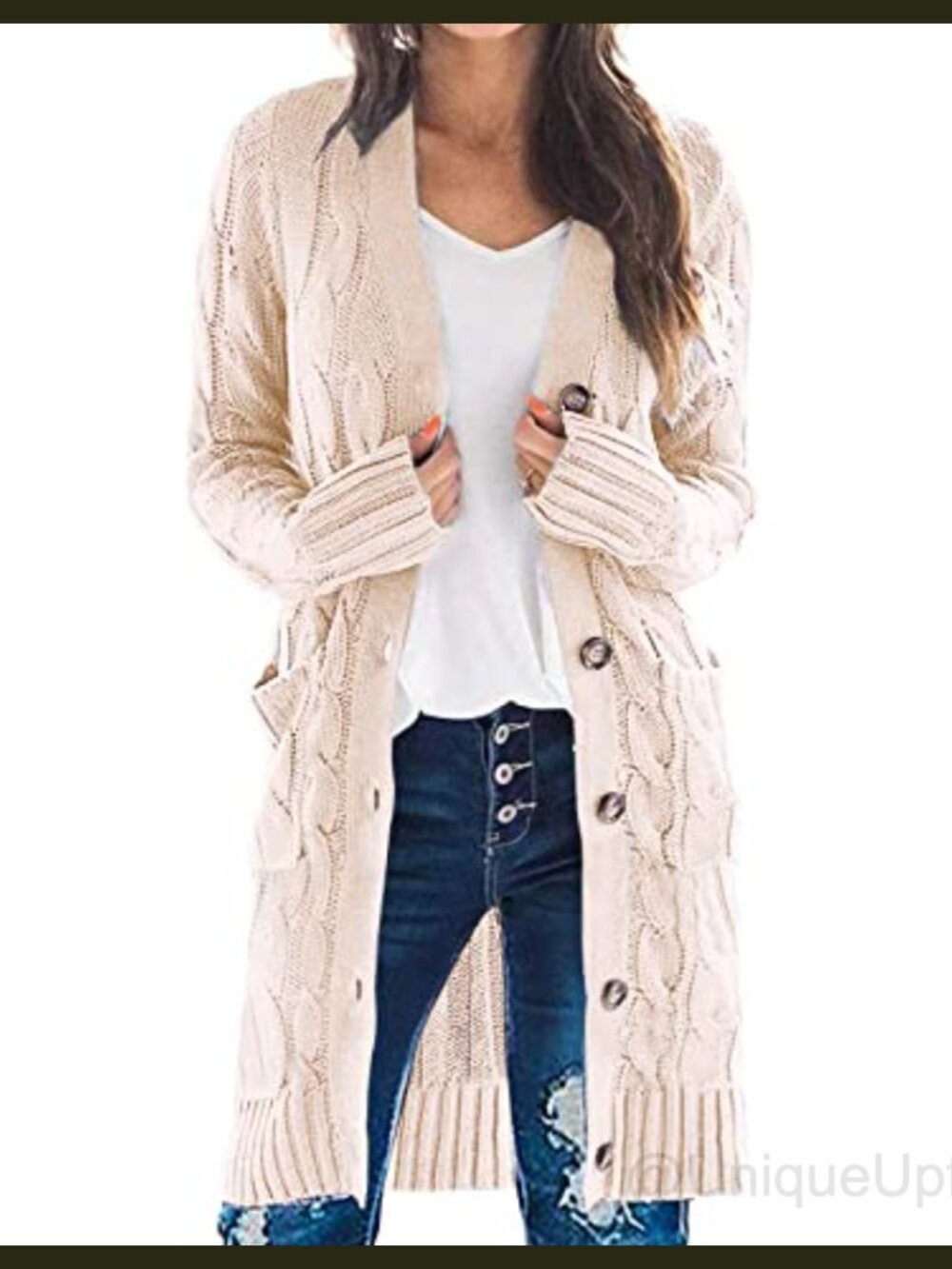 Cable Knit Button Long Cardigan Sweater with Pockets